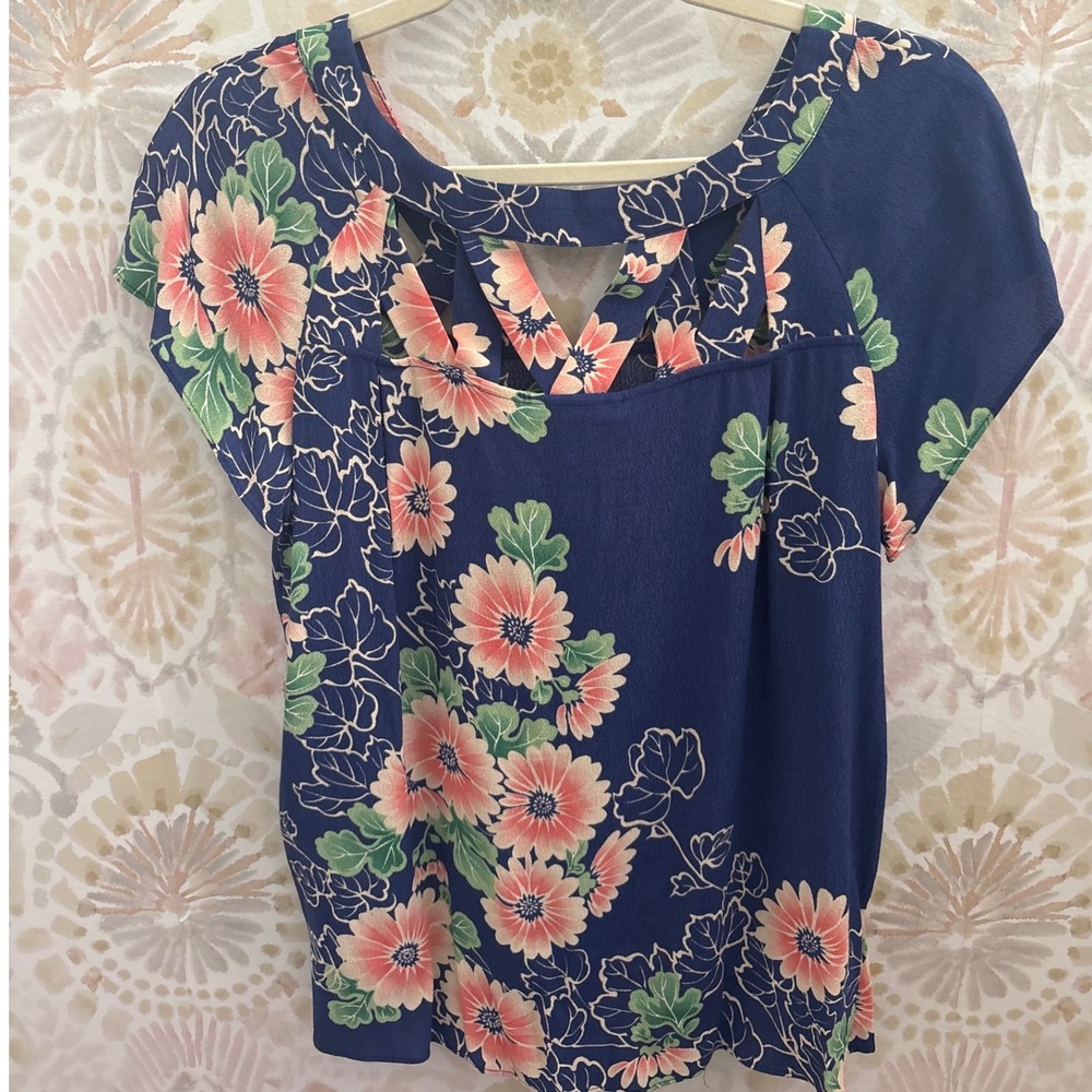 Maeve Anthropologie Floral Blouse Blue Strappy Lattice Neck Top Size 2 - Picture 3 of 7